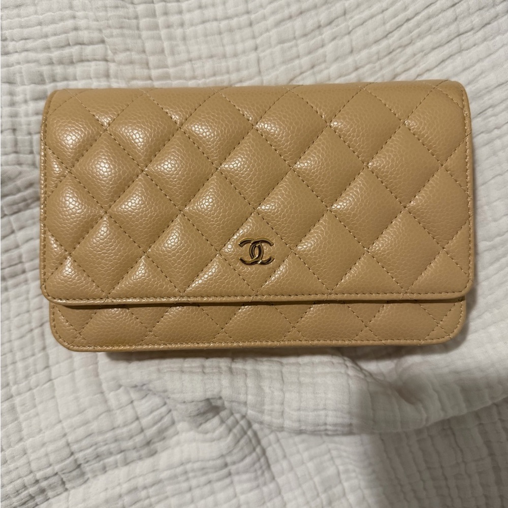 Chanel Tan Wallet on a Chain Like New with Receipt and Box